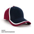 A navy, white, and maroon cap featuring a double trim design and a logo on the front.