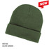 Olive green acrylic beanie with a textured finish and a logo. Suitable for headwear.