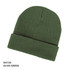 Olive green acrylic beanie with a fold-over cuff and textured fabric. Includes a logo.