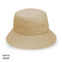 A khaki bucket hat with a wide brim and ventilation holes. It features a simple design and has a logo.