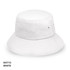 A white bucket hat with a wide brim and ventilation holes, featuring a logo on the band.