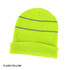 A fluro yellow beanie featuring a reflective trim, displayed with a folded cuff. It has a logo on it.