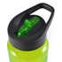 A drink bottle featuring a bright green body and a black lid with a flip-top spout. It has a curved handle and a logo.