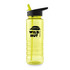 A drink bottle in a translucent yellow colour with a black lid and a built-in straw, featuring a logo.