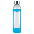A drink bottle with a clear glass body and a bright blue silicone sleeve, featuring a metallic cap and logo.