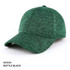 A green cap featuring a textured design and a curved peak. It has a branding logo on one side.
