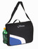 A black conference bag with a blue accent, featuring a shoulder strap and a side pocket holding a drink bottle.