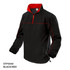 A polar fleece jacket in black with red accents and a half zip, featuring elastic cuffs and a tag inside.