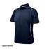 A navy polo shirt with white accents, featuring a collar and button placket, and includes a logo.