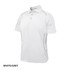 A white and grey polo shirt with a branding logo and stylish side piping details.