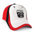 A red, white, and black cap featuring a logo on the front, designed for headwear.
