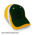 A green, white, and gold cap featuring a structured design and logo on the front.