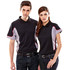 A black polo shirt with grey and red accents, featuring a logo on the chest. Suitable for both men and women.
