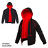 A black and red hoodie featuring a hood, with contrasting red interior and detailing. It has a logo on one side.