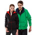 A black hoodie with red accents and a green hoodie, both featuring zippers and hoods, along with branding.