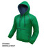 A green hoodie with a navy lining and branding. Features a zip and front pockets.