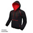 A black and red zip-up hoodie featuring a hood and contrasting stitching, with a front pocket and logo.