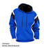 A blue hoodie with white and black accents, featuring a hood and a logo.