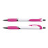 A pink and white pen with a textured grip and a clip on the side, featuring a sleek design.