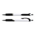 A pen with a white barrel, black grip, and silver accents, featuring a round clip. It has a sleek design.