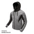 A grey and black hooded jumper featuring a zip front and stylish design elements. It has a logo on the garment.
