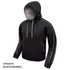 A black hoodie with marbled accents, featuring a hood, side pockets, and contrasting stitching.
