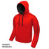 A red and black hoodie with a hood, featuring side pockets and contrasting black detailing.