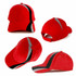 A red cap featuring a contrasting black and grey design, with multiple angles displayed. It has a logo on it.
