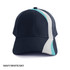 A navy cap with a white and sky blue stripe design. The cap features a logo on the front.