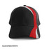 A black cap with red and white accents and a logo on the front.