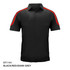 A black polo shirt with red and dark grey accents, featuring buttons and a logo.