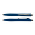 A blue plastic pen with a smooth finish and silver clip, displayed from different angles. It features a branding logo.
