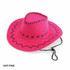 A hot pink cowboy hat with black stitching and a chin strap. It features a wide brim and a pointed crown.