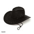 A black cowboy hat with stitching details and a chin strap. It features a wide brim and a high crown.