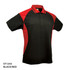 A black and red polo shirt with a logo, featuring contrasting panels and a collar.