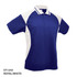 A polo shirt in royal blue and white, featuring a logo and a sporty design.