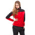 A red and black jacket with a high collar, featuring a zip closure and a logo. The model wears it confidently.