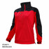A red and black jacket with a half-zip style, featuring long sleeves and a logo on the chest.