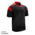 A black and red polo shirt with a v-neck and contrasting shoulder panels; features a logo.