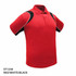 A red polo shirt with black and white accents, featuring short sleeves and a collar. It has a logo.