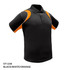 A black polo shirt with white and orange accents, featuring a logo on the chest area.