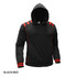 A black hoodie with red accents and a hood, featuring striped detailing on the shoulders and cuffs.