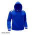 A royal blue hoodie with white stripes on the shoulders and a front pocket, featuring a hood and a logo.