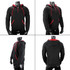 A black hoodie with red accents and a front pocket, displayed from multiple angles. It has a drawstring hood and a logo.
