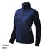 A navy soft shell jacket with a high collar and multiple zippered pockets, featuring a logo.