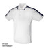 A white polo shirt with navy stripes and a logo. It features a three-button placket and short sleeves.