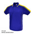 A royal blue polo shirt with yellow accents and a logo on the chest.