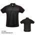 A black polo shirt with red accents and a logo, featuring a front and back view.