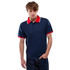 A navy polo shirt with red and white detailing on the collar and sleeves, featuring a logo on the chest.