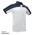 A white and navy polo shirt featuring a collar, with a logo on the front and a sporty design.